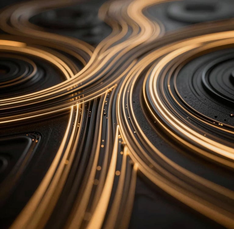 An abstract, high-end architectural visualization of glowing data pathways, dramatic low-key chiaroscuro lighting with gold accents, tight macro framing.