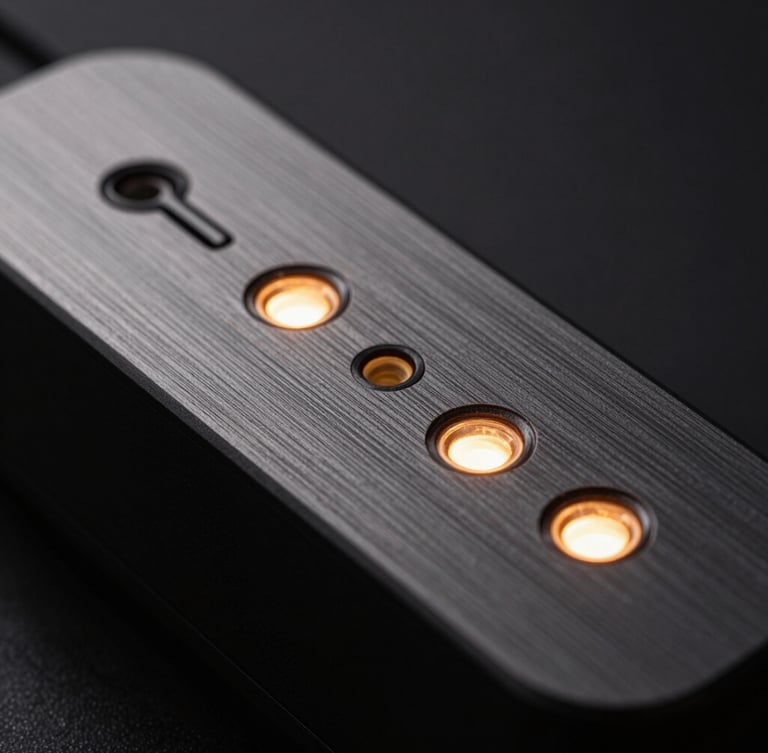 Macro detail of a high-end communication device, dark brushed metal surfaces, warm amber indicator lights, sharp focus, dramatic shadows.