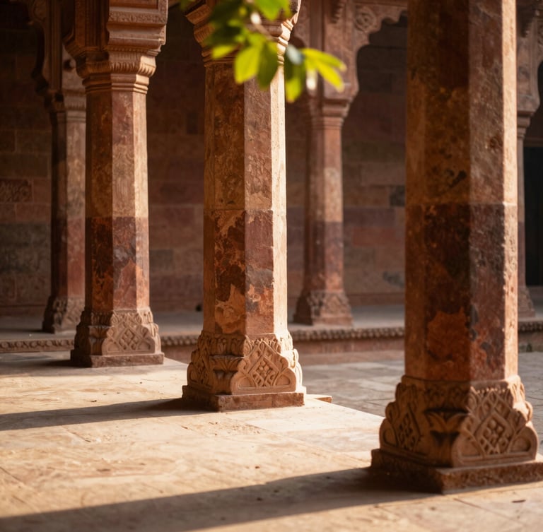 A quiet courtyard with carved sandstone pillars, sunlight filtering through green leaves, shadows casting on the stone floor, warm editorial, 35mm