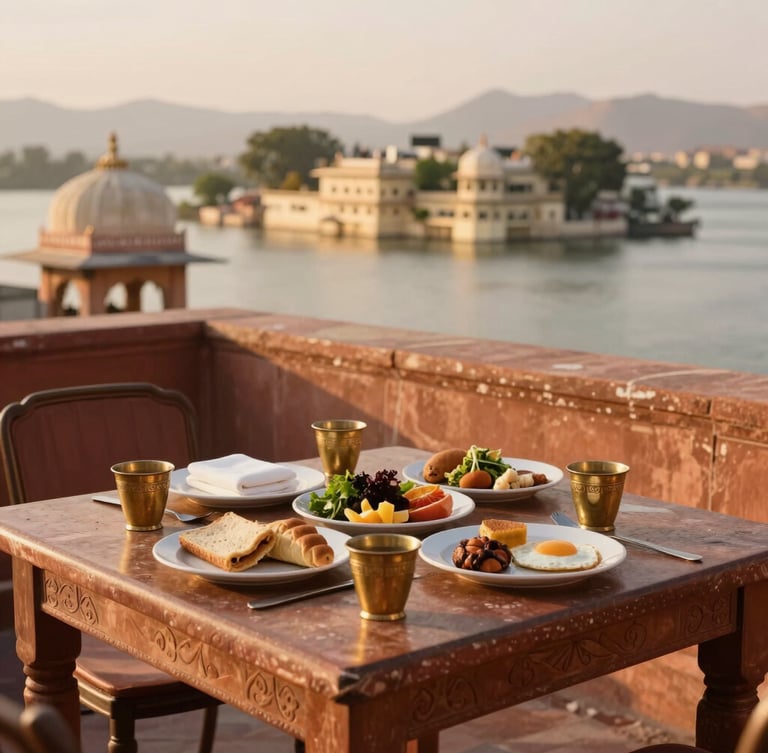 Warm editorial photography of a rooftop terrace table set with traditional brass cups and fresh local breakfast, Udaipur lakes in the background, golden-hour light