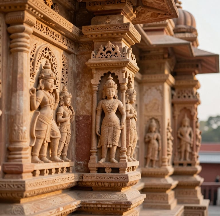 A close-up of intricate Mewari stone carvings on Udaipur City Palace walls, soft morning light, warm sandstone tones, shallow depth of field