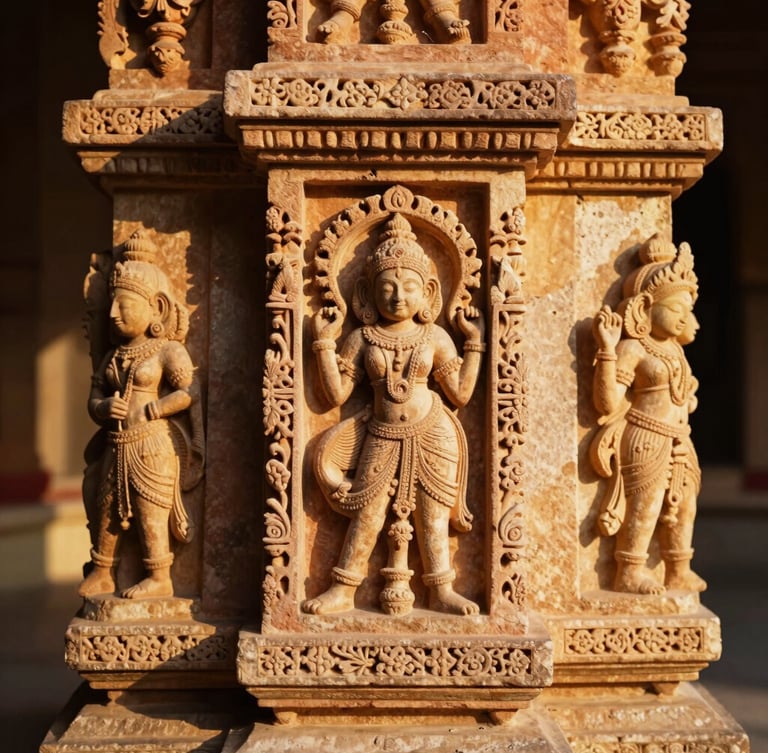 Close-up of intricate Rajasthani stone carvings on a sandstone pillar, warm golden-hour sunlight casting soft shadows, 35mm