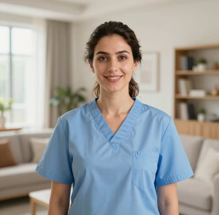 A warm editorial portrait of a professional female caregiver in a bright, modern Bahraini living room, natural daylight, soft professional tones, shallow depth of field, 35mm