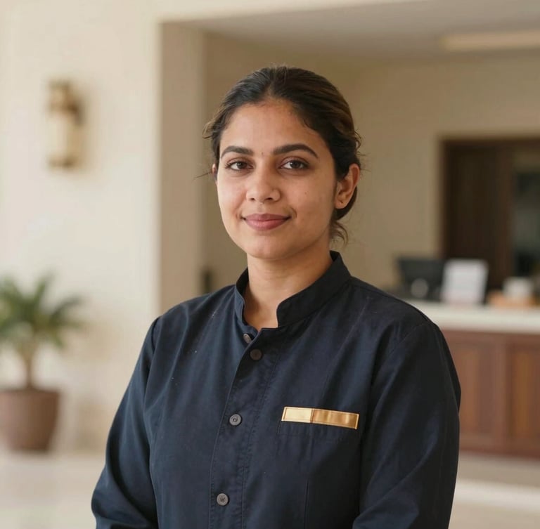 A professional portrait of a skilled hospitality worker in Bahrain, warm natural lighting, shallow depth of field, looking confident and dignified, 35mm