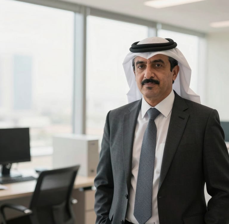 A dignified portrait of a professional Bahraini executive in a bright modern office, natural daylight, soft professional tones, 35mm photography