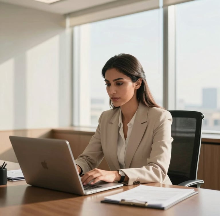 A professional corporate office in Manama, Bahrain. A medium shot of a focused Arab business woman in a modern meeting room with soft natural daylight filtering through large windows, 35mm, shallow depth of field.