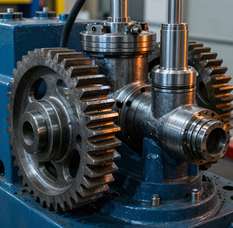 Close-up dramatic shot of heavy industrial machinery components, steel gears and hydraulic pistons, cool blue steel tones with warm amber backlighting, high-contrast, tactile details.