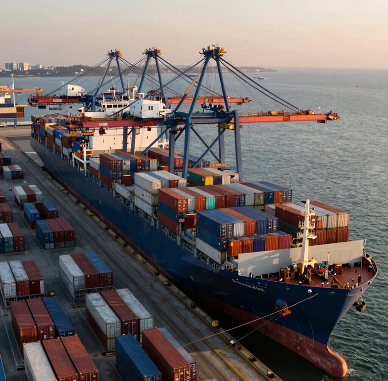 Dramatic high-angle shot of a deepwater cargo port at golden hour, massive container ships docked, towering steel gantry cranes casting long shadows over neat rows of shipping containers.