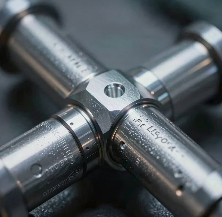Macro close-up of heavy machined steel components with precise technical markings, cool industrial lighting.