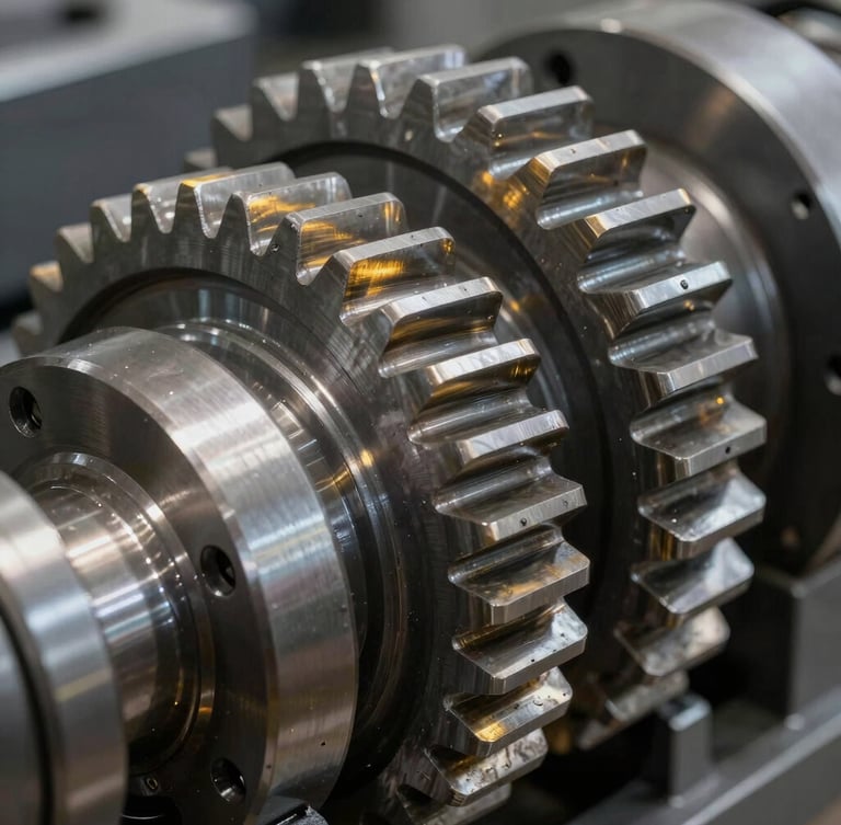 Close-up macro shot of heavy industrial machinery gears, cool metallic steel gray with sharp golden light reflecting off the teeth, pristine industrial precision.
