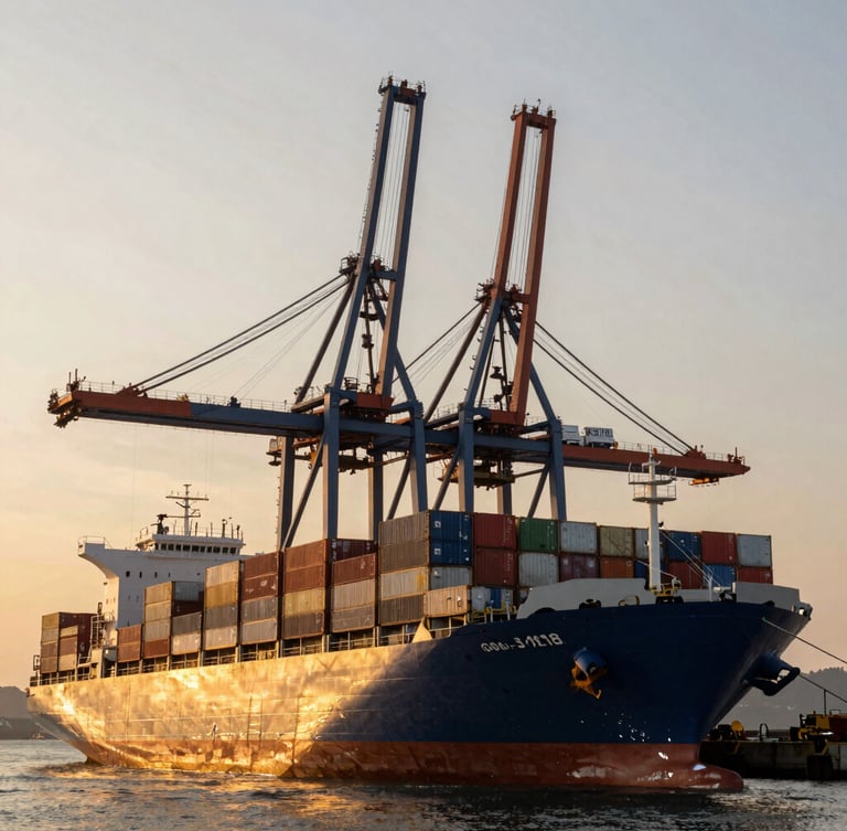 Dramatic low-angle shot of a massive container vessel docked at a deepwater port, towering steel cranes under a golden hour sky.