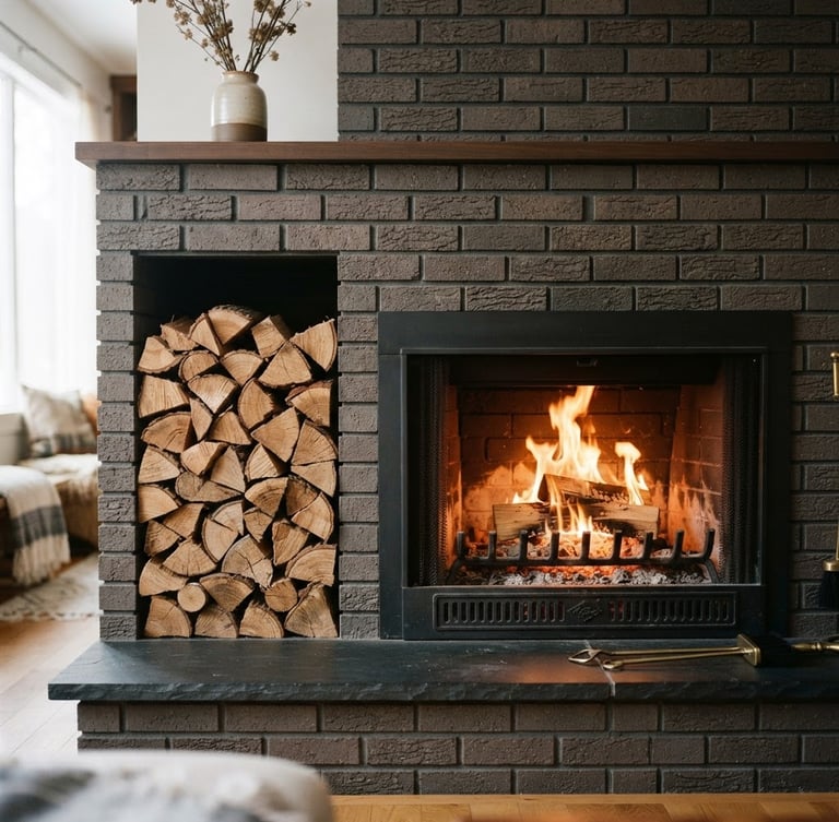 Pristine, clean hearth with a neatly stacked pile of firewood, warm glow from an unseen fire, crisp natural daylight, rich charcoal and warm brick tones, sharp focus, 35mm lens, editorial lifestyle photography