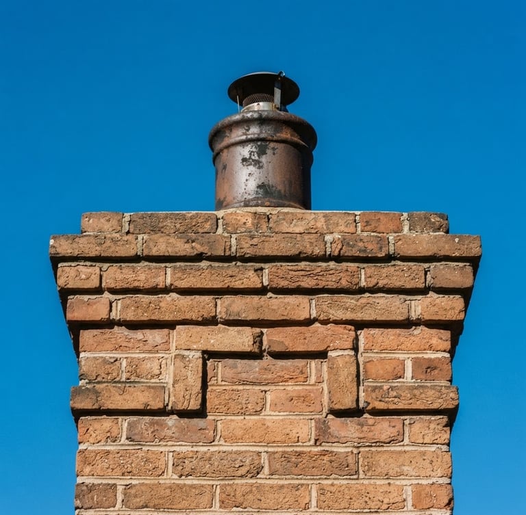 Close-up of a clean historic brick chimney cap against a clear blue New England sky, bright natural daylight, sharp focus, 35mm lens