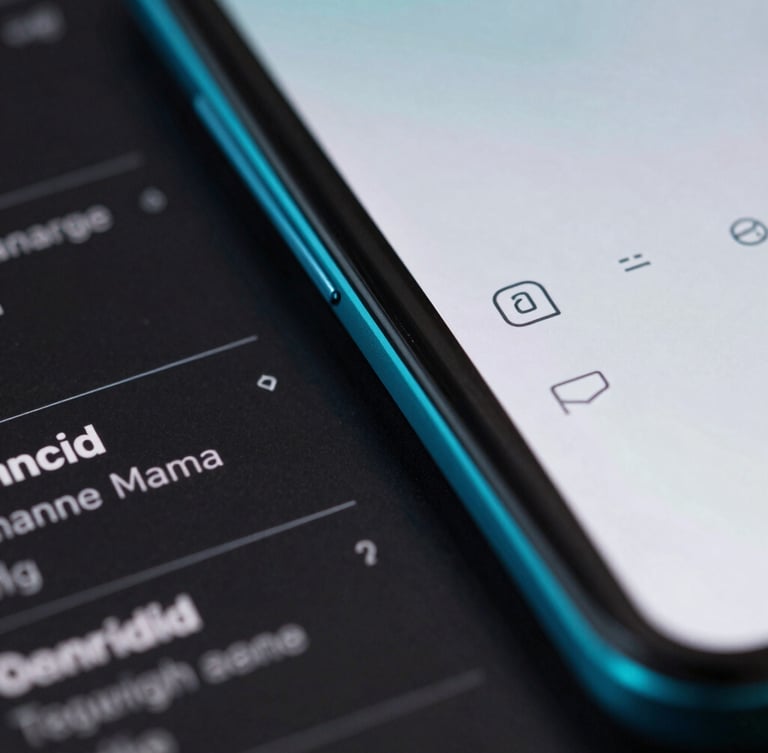 Extreme close-up of physical Android flagship screen edge, cyan rim light reflecting off matte glass, showing high-density UI layout.