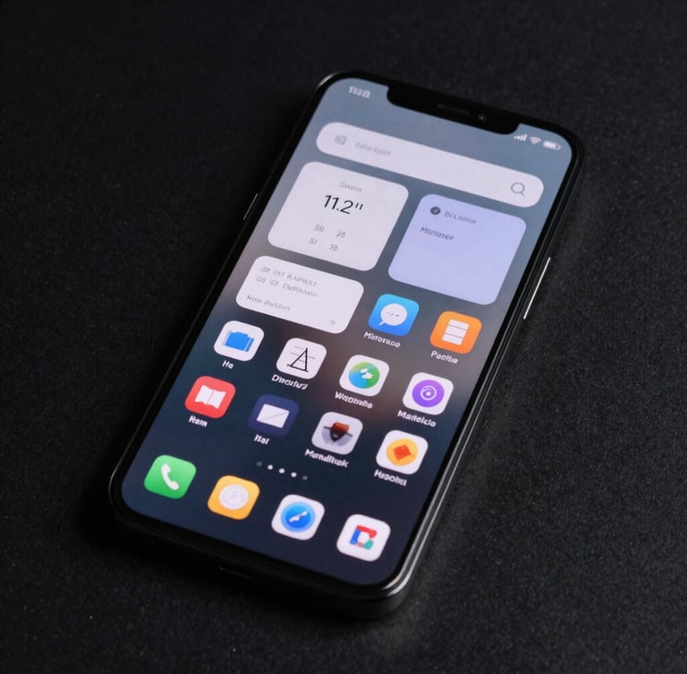 Angled high-fidelity mockup of a premium Android phone screen displaying a dense, customized launcher layout with clean monospace widgets.