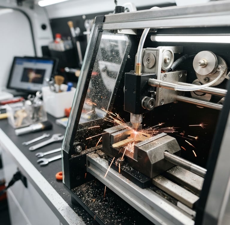 Close-up of a modern laser key-cutting machine operating inside a clean mobile van, metal shavings catching the bright interior light, 35mm