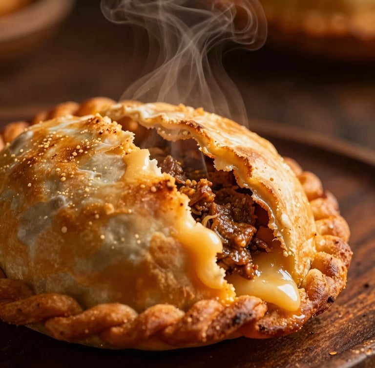 Extreme macro close-up of a golden-brown, crispy coastal empanada being cracked open, steam rising, melting cheese and seasoned meat filling visible, dark moody background with warm orange light.