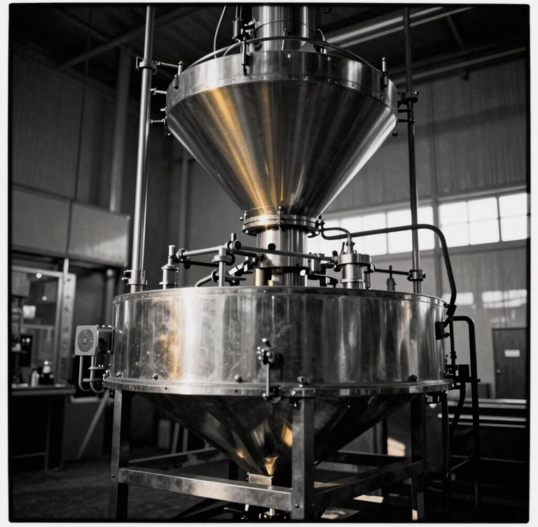 Low-angle heroic perspective of a modern automated food processing facility, dramatic side-lighting, high contrast black and white tones with subtle gold reflections, medium format film.