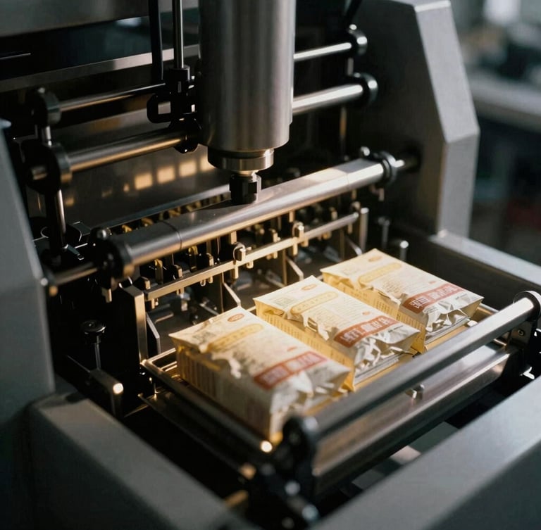 Close-up of clean automated packaging machinery processing consumer staple goods, dramatic side-lighting highlighting metallic textures, high contrast black and gold tones, medium format film.