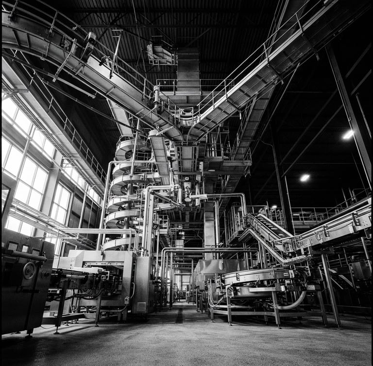 Low-angle heroic perspective of a modern automated food processing facility, high contrast black and white with dramatic side-lighting