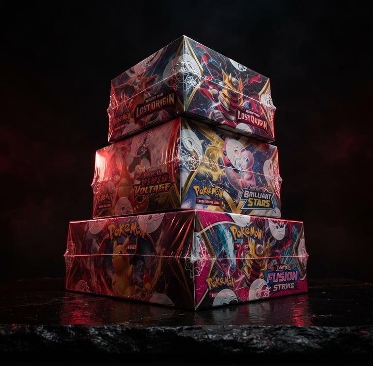 Dramatic low-angle product photography of sealed Pokémon TCG Booster Boxes stacked on a dark obsidian surface, sharp crimson red rim lighting highlighting the pristine plastic factory wrap, high-contrast studio setup, 8k resolution