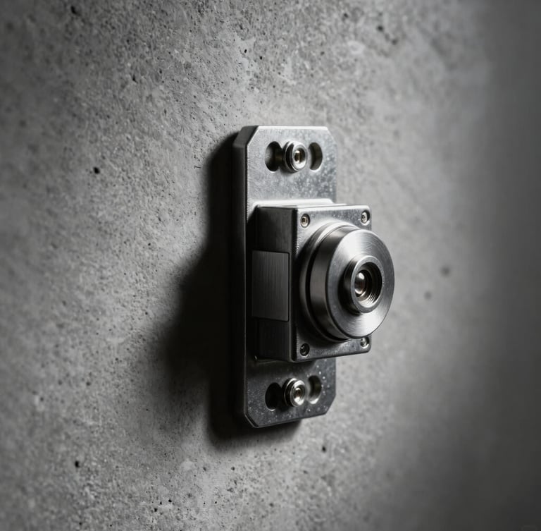 Dramatic industrial product photography, harsh side-lighting on a heavy-gauge steel appliance switch, minimalist concrete background.