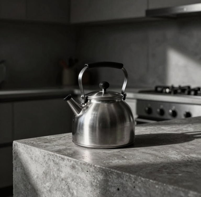 Dramatic industrial product photography of a heavy-gauge brushed steel kettle on a raw concrete kitchen counter, harsh side-lighting, deep shadows, minimalist architectural environment, 50mm lens