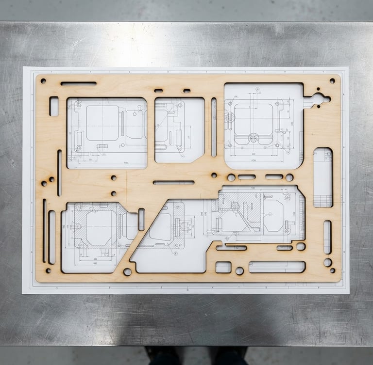 Overhead flat-lay of a laser-cut plywood template resting on a clean steel workbench, crisp edges, technical drawing visible underneath, bright workshop lighting