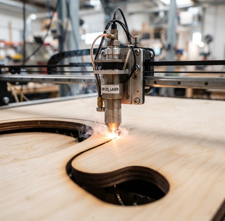 Macro close-up of a 150W CO₂ laser head cutting clean edges on thick birch plywood, bright industrial workshop setting, high contrast