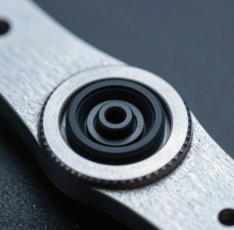 Extreme macro shot of a physical metal checking gauge holding a black rubber seal profile, high-contrast cool studio lighting, metallic reflections.