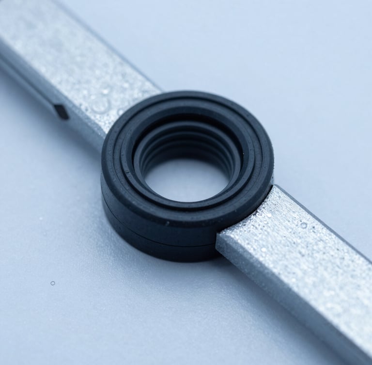 Extreme macro studio photograph of a physical metal gauge holding a black rubber seal profile, cool blue lighting, high-precision industrial details