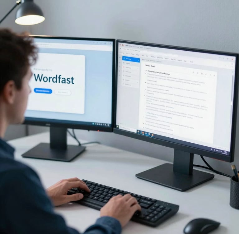 Focused individual looking at a dual-monitor setup showing Wordfast interface, soft desk-lamp glow, clean workspace, minimal slate and blue tones, shallow depth of field.