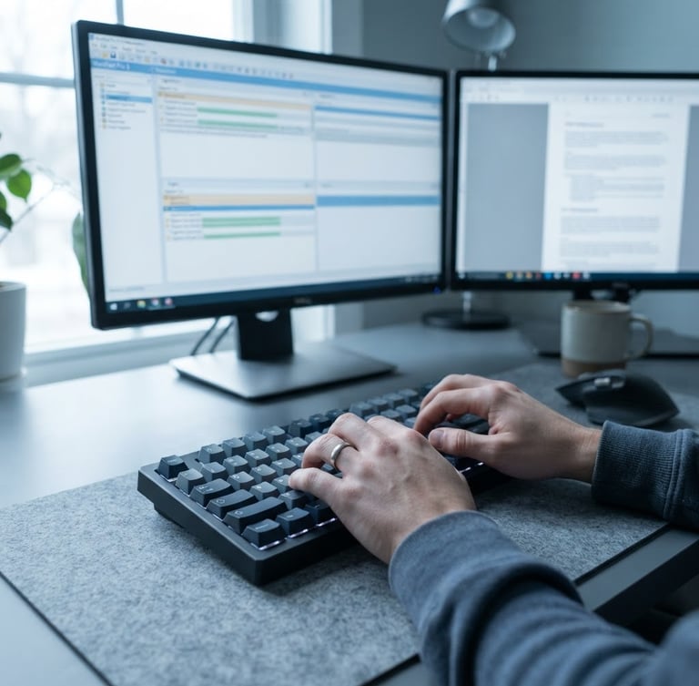 Close-up of hands typing on a clean mechanical keyboard, with a dual-monitor setup showing Wordfast interface, cool daylight, minimal slate and blue tones, shallow depth of field.