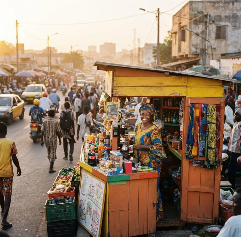 Vibrant yellow and terracotta StarKif kiosk on a bustling Dakar street, warm golden-hour sun, local entrepreneur smiling confident, 35mm photography