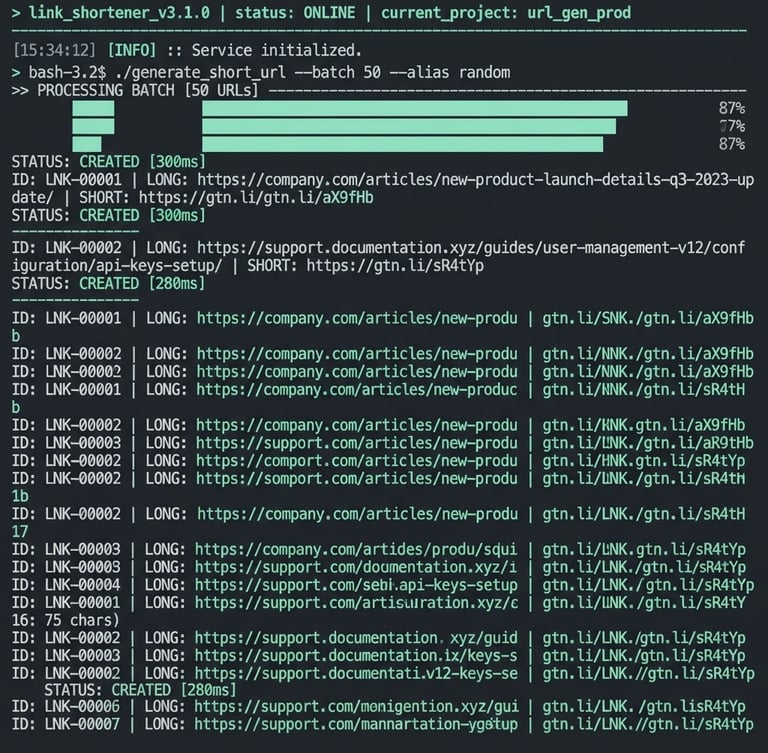 Sharp straight-on digital screenshot of a sleek monospaced terminal interface generating short URLs, dark slate background with glowing mint-green text and borders