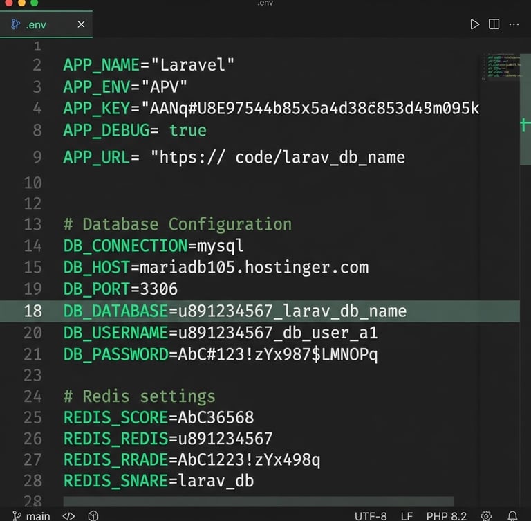 Sharp digital screenshot of a clean Laravel .env file with Hostinger database credentials, high-contrast dark slate background, mint-green syntax highlighting, crisp monospaced typography