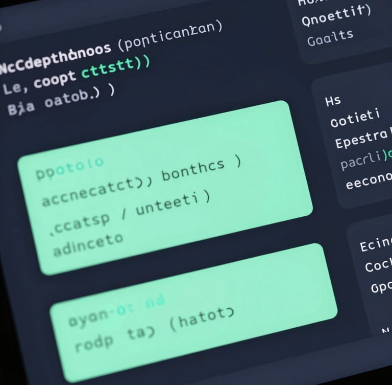 Sharp digital UI rendering of a database schema showing links and clicks tables with mint-green highlights, clean monospaced SQL queries on a dark slate screen, cool blue undertones.