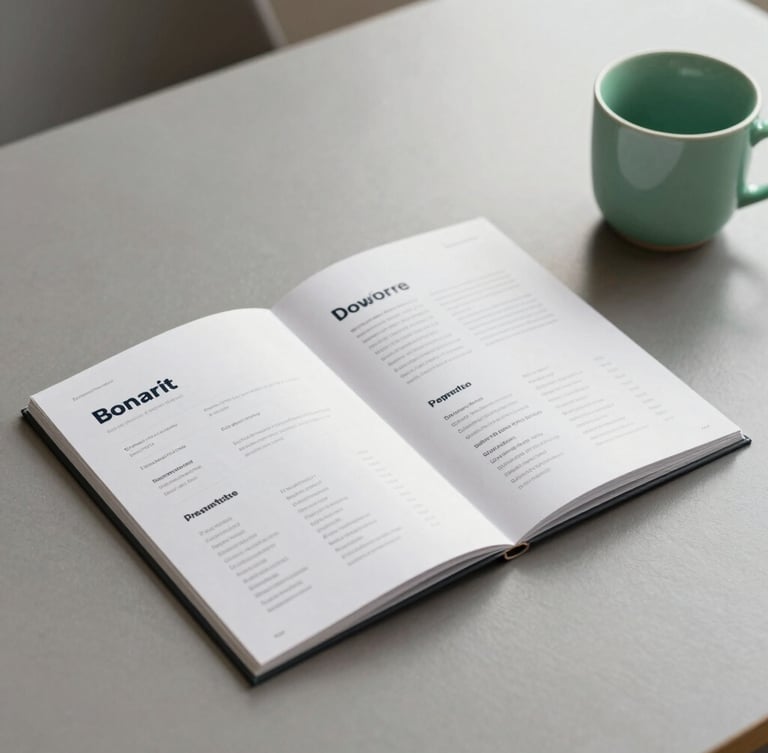 Angled close-up mockup of a clean corporate brochure layout resting on a minimalist warm gray desk next to a soft green ceramic cup, diffused natural daylight.