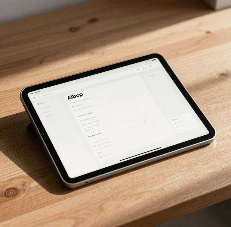Angled mockup of a clean digital interface displayed on a tablet computer resting on a wooden studio desk, warm natural morning light.