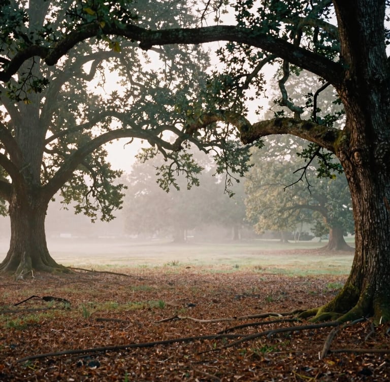 A serene forest clearing at the Adainville estate, soft morning mist filtering through old oak trees, damp soil, peaceful and atmospheric, 35mm look.