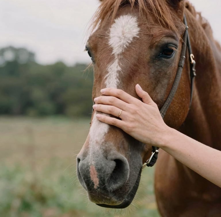 Close-up of a gentle hand resting on a horse's soft muzzle, natural overcast daylight, warm earthy forest tones, shallow depth of field, 35mm film look.