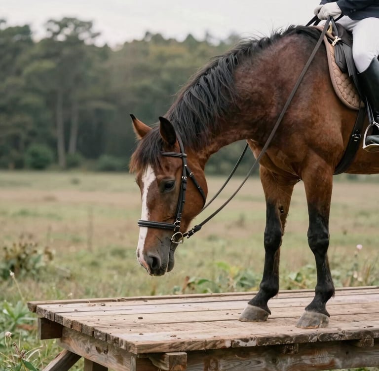 A calm bay horse carefully placing its hoof on a sturdy wooden bridge, guided by a rider with loose reins, soft natural overcast daylight, forest background