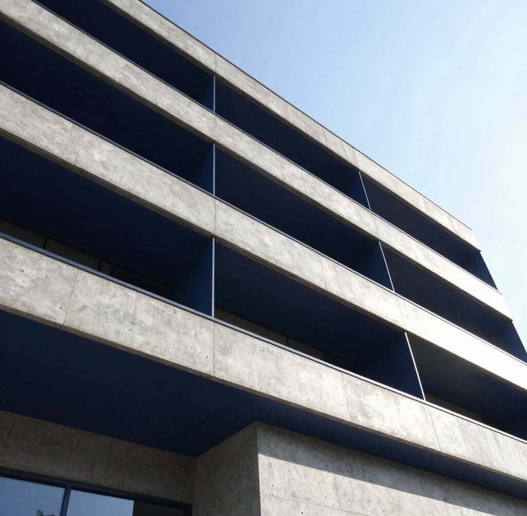 Low-angle architectural photography of a modern concrete and steel building facade, sharp geometric angles, bright daylight with high contrast, deep navy and steel tones