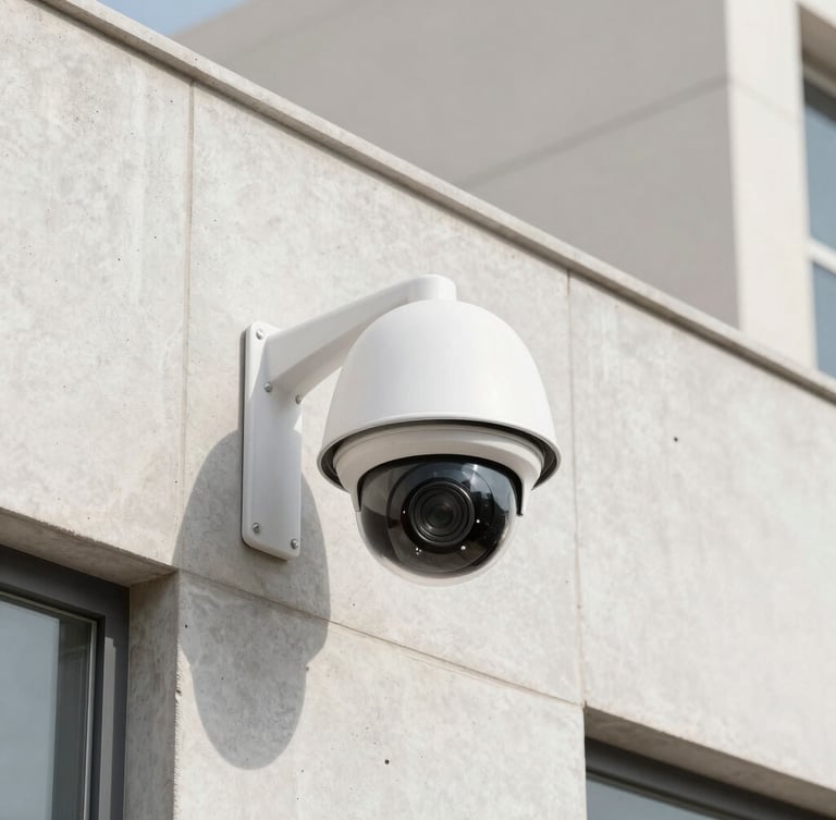 Crisp commercial photography of a high-definition dome security camera mounted on a clean concrete building facade under bright Riyadh daylight.