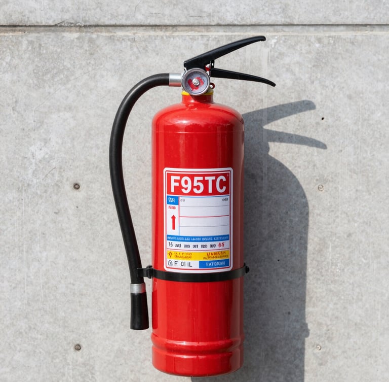Close-up of a bright red commercial fire extinguisher mounted on a clean industrial concrete wall, crisp daylight, sharp focus on the pressure gauge showing full charge