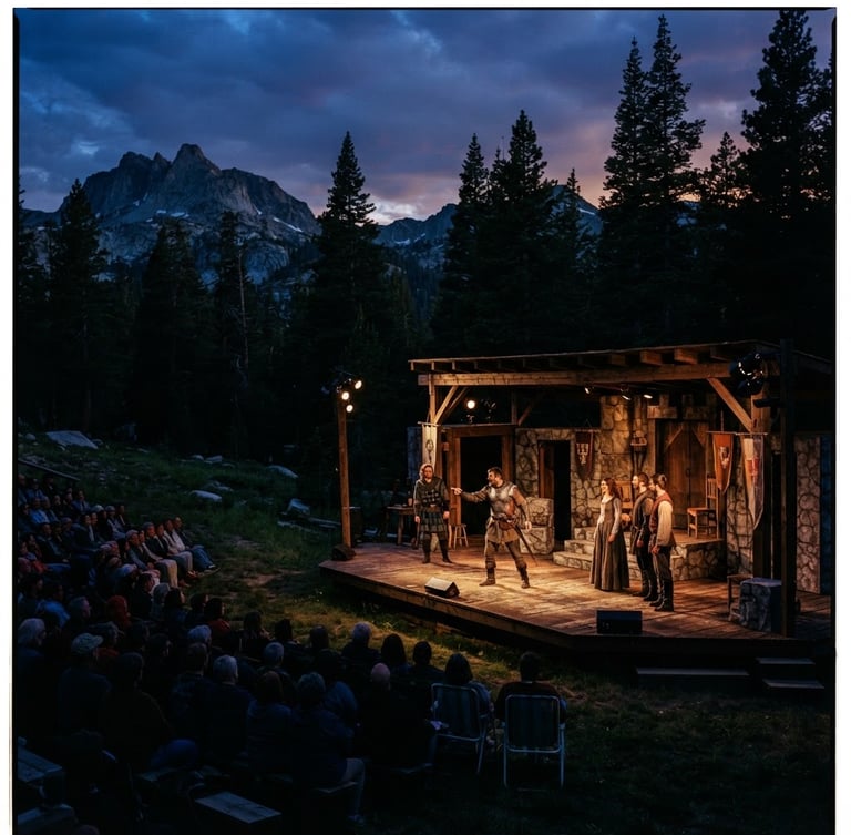 Dramatic wide shot of a live theatrical performance on an outdoor stage in Mammoth Lakes, towering pine trees and rugged granite peaks of the Eastern Sierra silhouetted against a deep twilight sky, warm stage lights casting long shadows, 35mm documentary style.