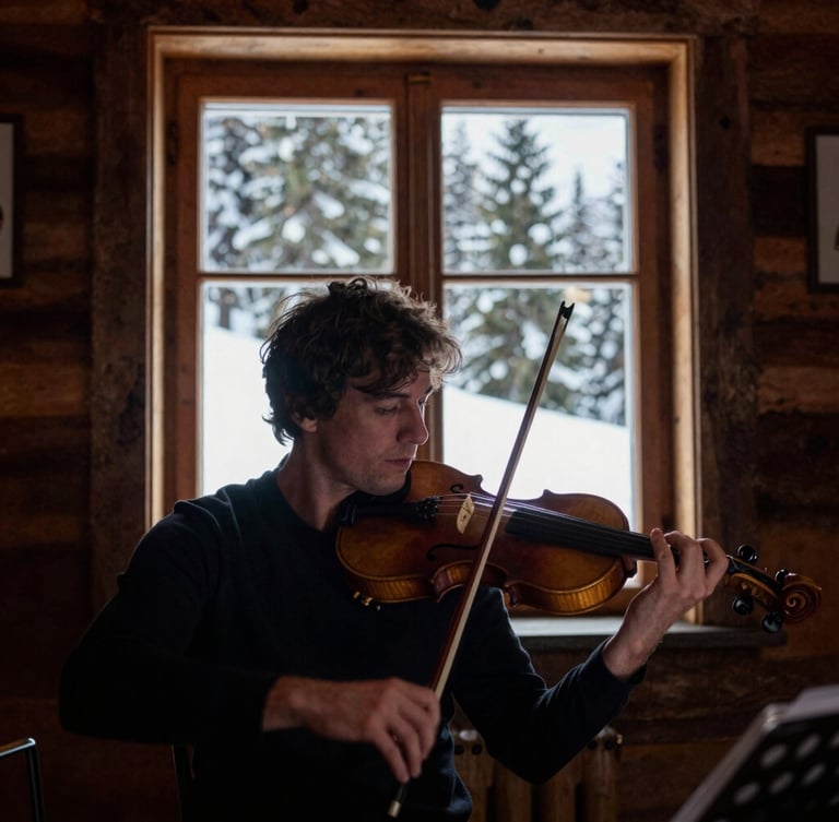 Intimate close-up of a classical violinist rehearsing inside a rustic timber cabin, natural alpine daylight streaming through a large window showing snow-dusted pine trees, deep rich wood tones, dramatic documentary photography.