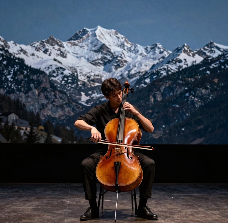 Dramatic portrait of a classical musician playing cello on an outdoor stage with snow-capped mountains in the background, mixed stage and natural alpine light, deep rich tones, 35mm, portrait aspect
