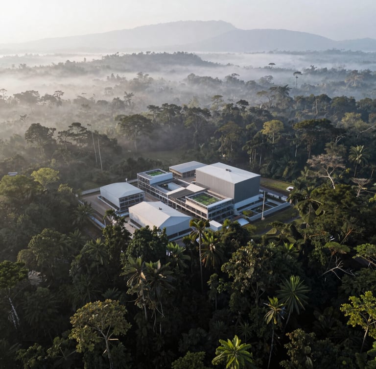 Editorial drone photography, misty morning light over dense Borneo rainforest canopy meeting a modern sustainable industrial facility, cool desaturated tones, Hasselblad medium format