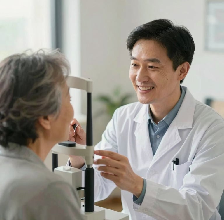 A warm editorial photograph of a friendly visual specialist guiding an elderly woman through a visual screening, soft natural daylight, shallow depth of field, 35mm